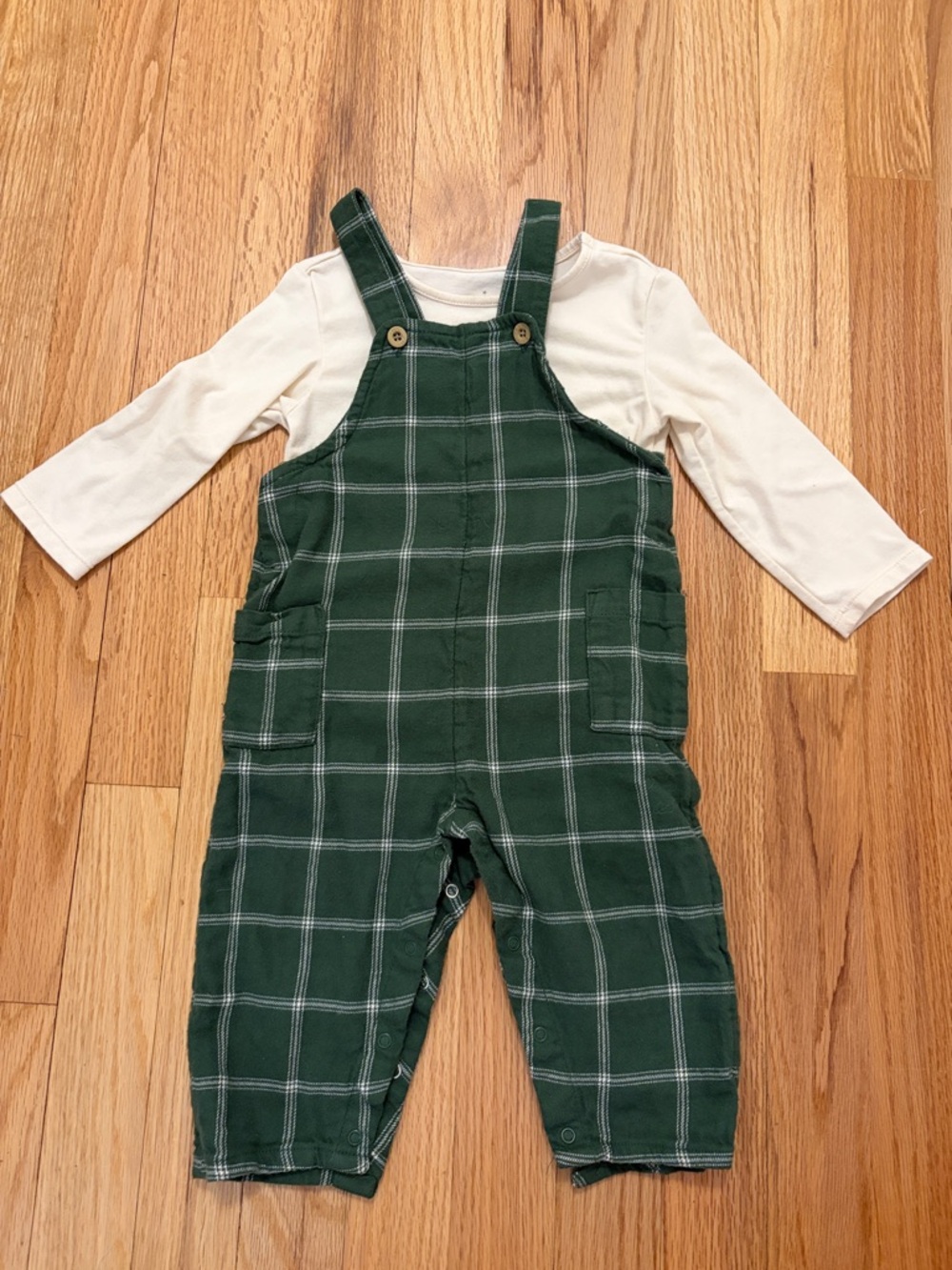 cloud island Green Plaid Overalls with Cream Tee